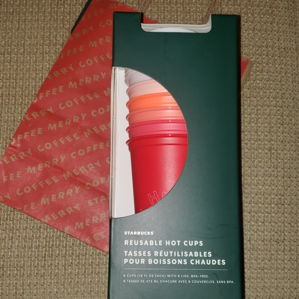 Starbucks reusable hot cups, 6 cups and lids